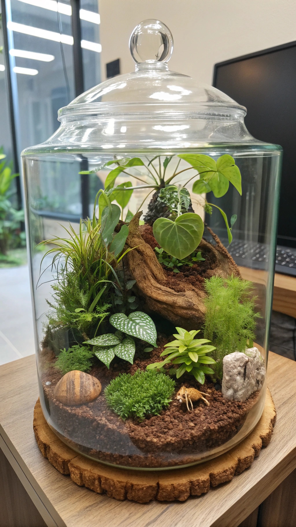 A pet-friendly terrarium featuring various plants and a small decorative animal.