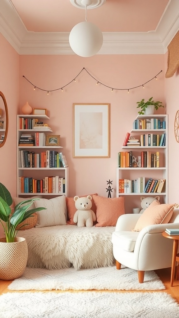 A cozy book nook with pastel pink walls, fluffy seating, and bookshelves filled with colorful books.