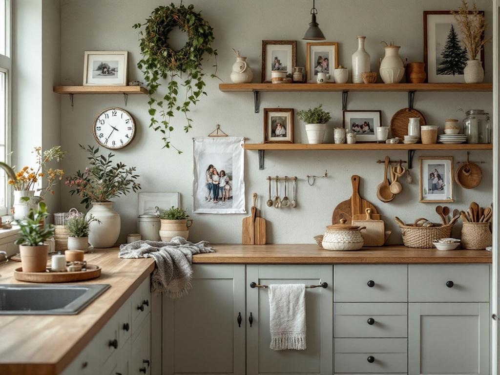A cozy Japandi style kitchen featuring wooden shelves with personal decor, plants, and warm tones.