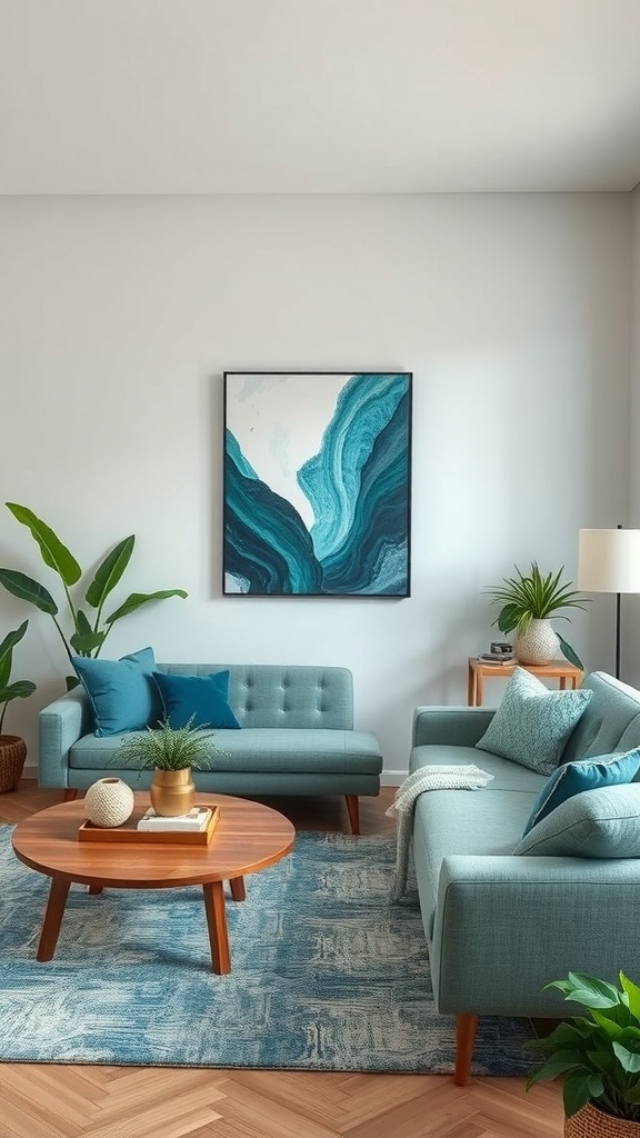 A cozy blue and green living room featuring soft blue sofas, green plants, and a wave-themed artwork.