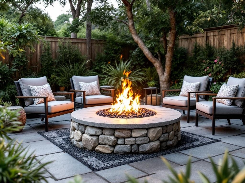 Chic firepit surrounded by decorative stones with comfortable seating.