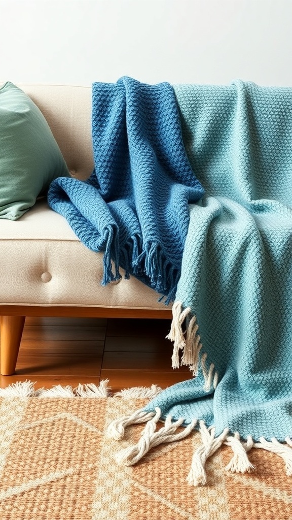 A cozy couch with blue throw blankets draped over it, showcasing a stylish bohemian look.