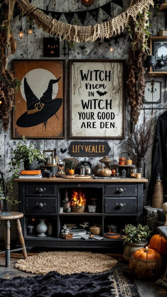 A cozy witch den featuring tarot card rugs, neon lava lamps, and personalized decor.