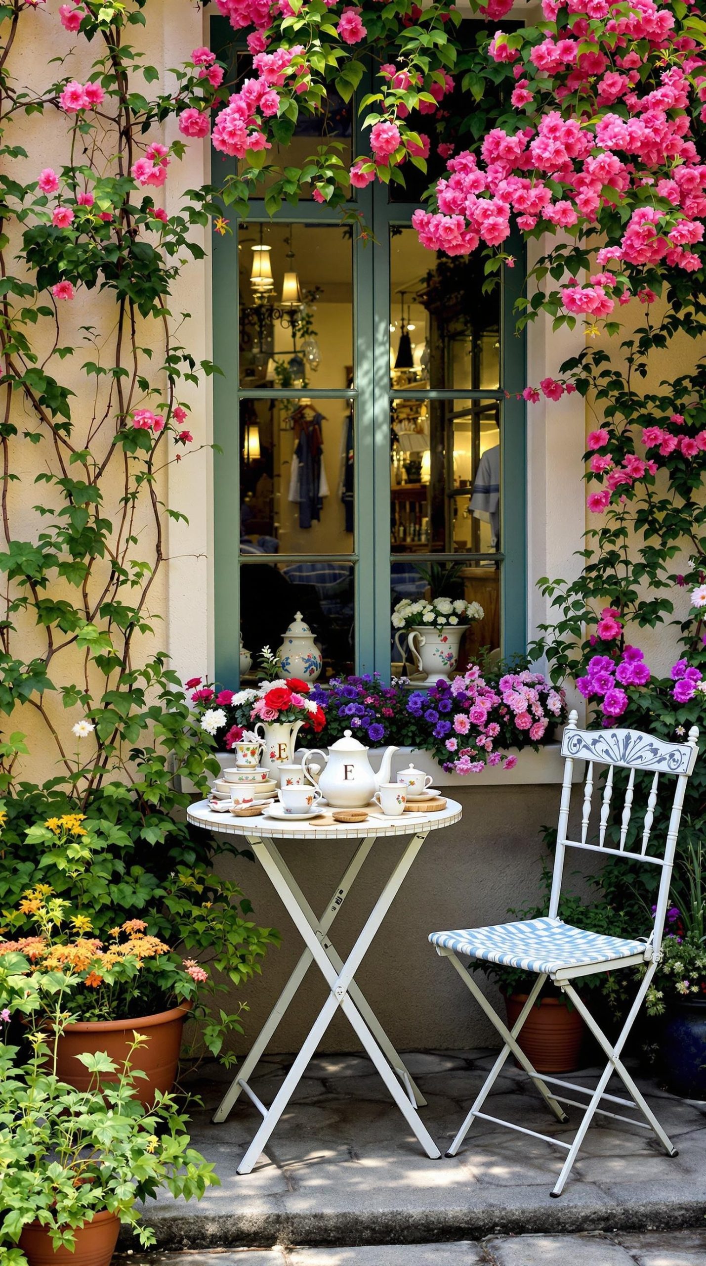 A charming vintage tea set displayed on a small round table surrounded by colorful flowers and a cozy chair.