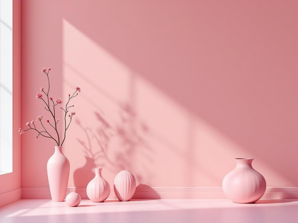 A collection of light pink vases and flowers against a pink wall, creating an elegant decor.