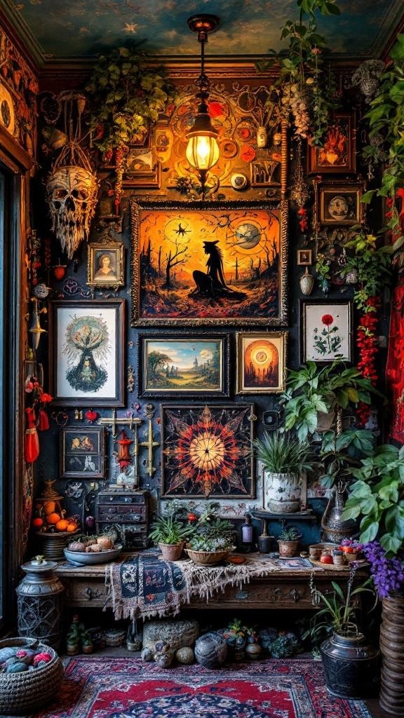 A vibrant and eclectic wall filled with various artworks, plants, and decorative items.