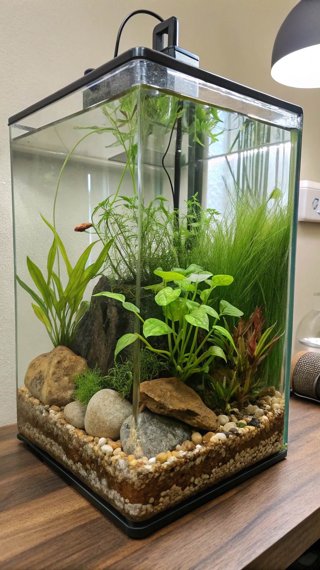 A beautifully arranged aquatic terrarium with plants, rocks, and a small fish.