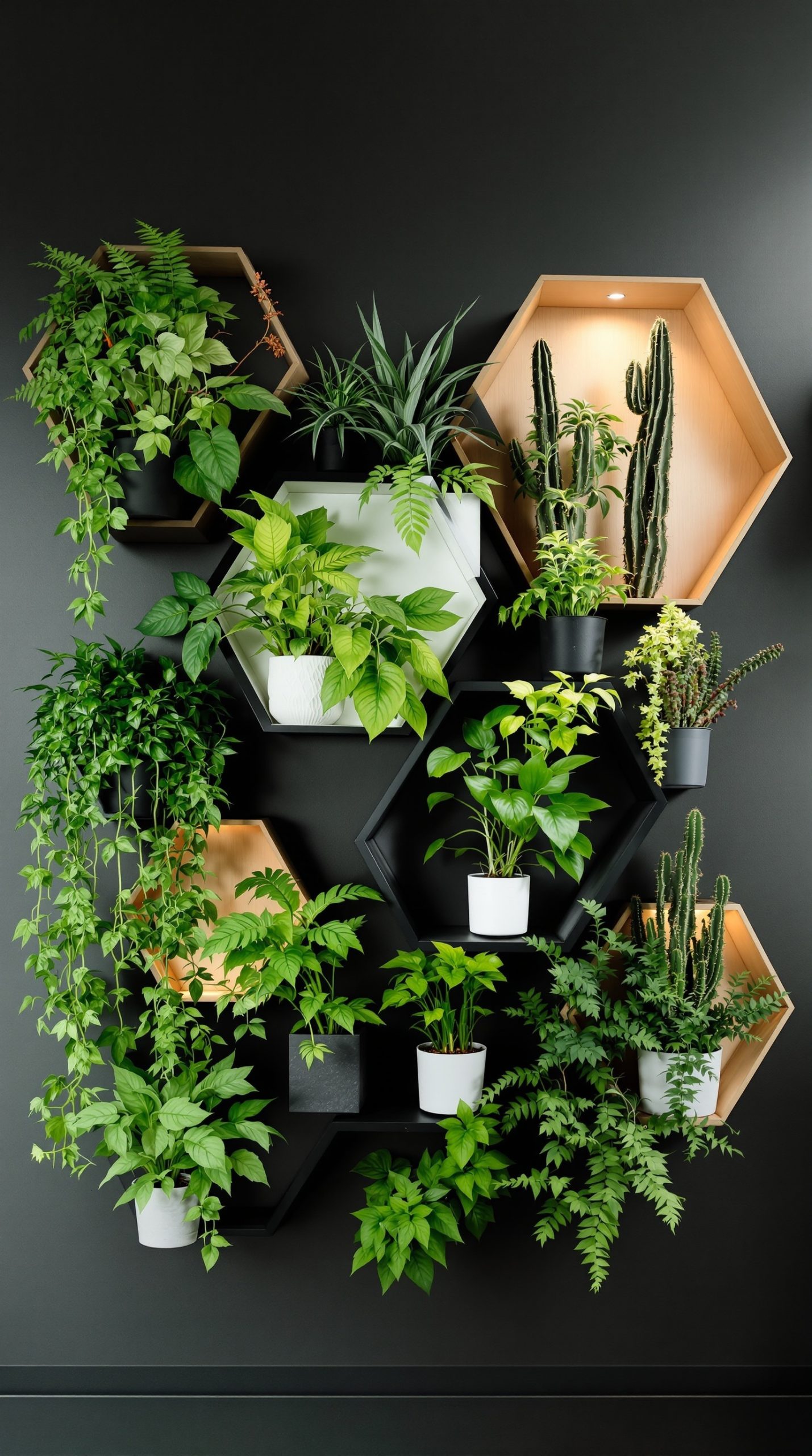 A modern plant wall featuring geometric shapes with various plants including ferns and cacti.