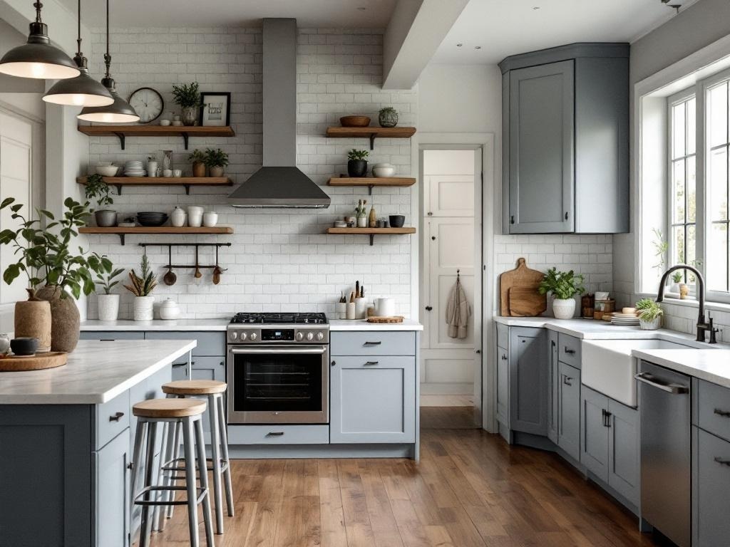 A modern kitchen featuring Japandi style with gray cabinets, wooden shelves, and plants.