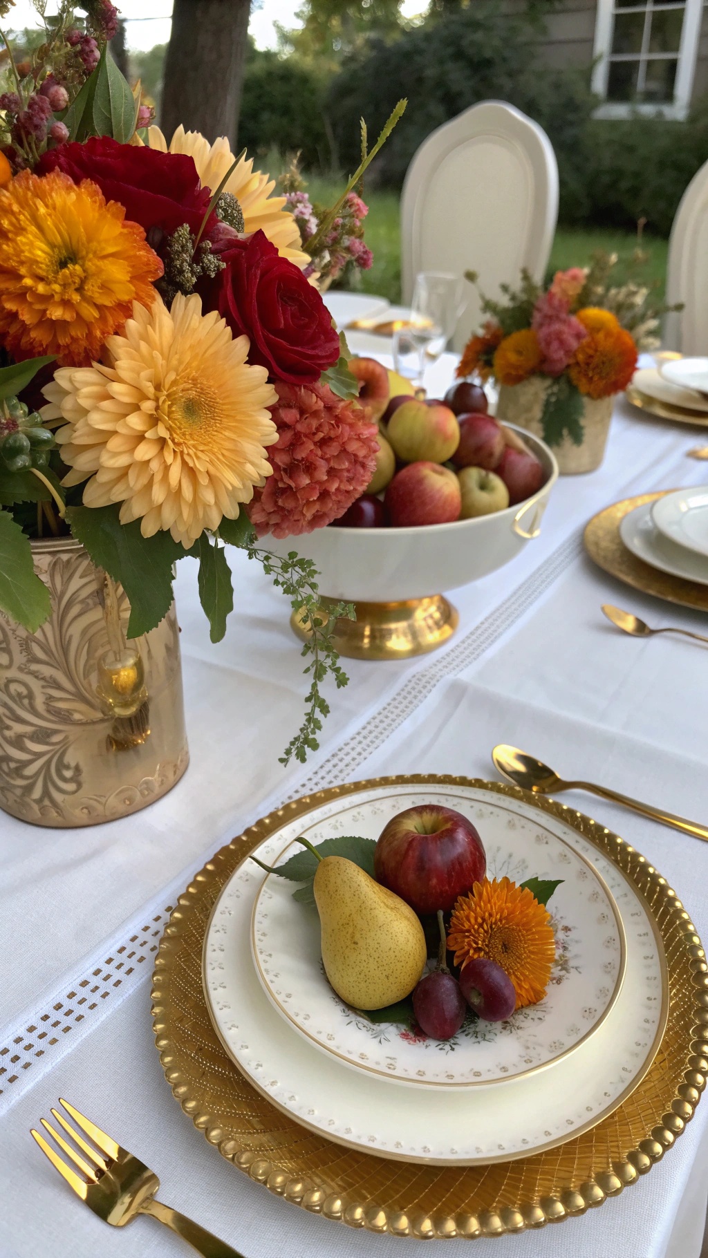 A beautifully set table for a fall wedding featuring flowers, fruits, and elegant tableware.