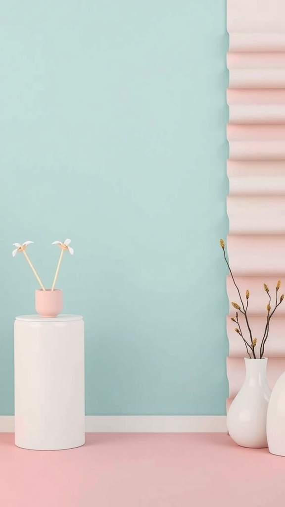 A pastel-themed room with a light blue wall, pink accents, and minimalist decor.