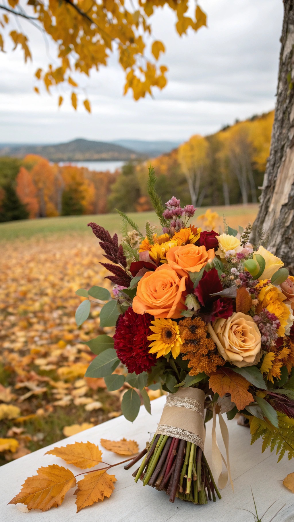 A bridal bouquet featuring autumn flowers in vibrant colors, set against a backdrop of fall foliage.