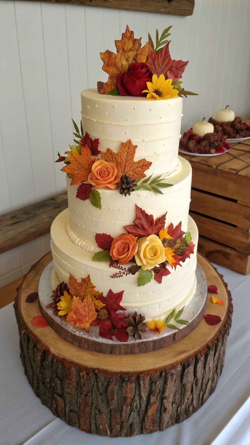 A three-tiered wedding cake decorated with autumn leaves and flowers on a wooden stand.