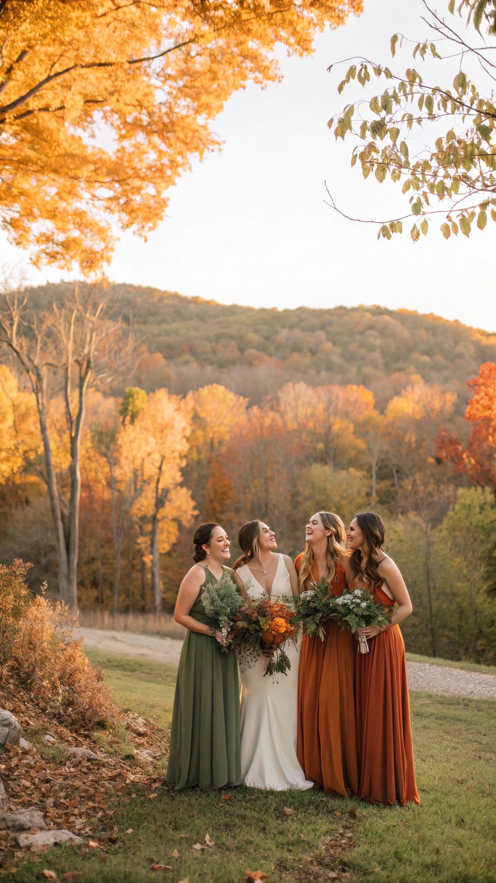 Bridesmaids in earthy tone dresses laughing together in a fall setting with colorful trees.