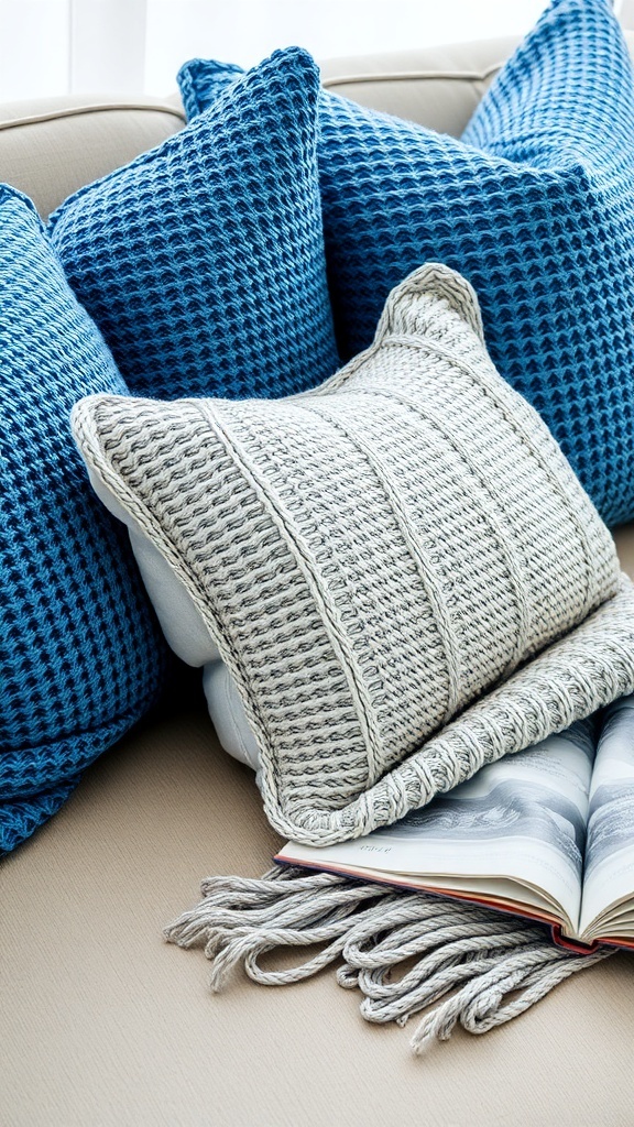 A cozy arrangement of textured blue throw pillows on a beige couch with a book and fringe blanket