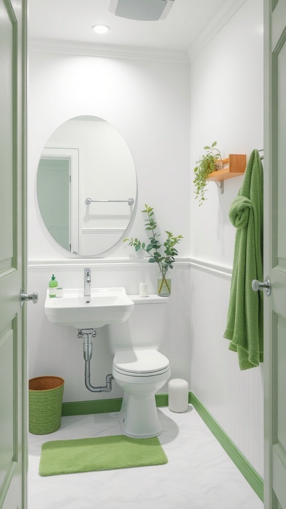 A modern bathroom featuring white walls with green accents, including towels and a plant, creating a fresh and clean atmosphere.