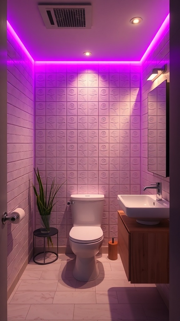 Modern bathroom with purple accent lighting and textured white tiles