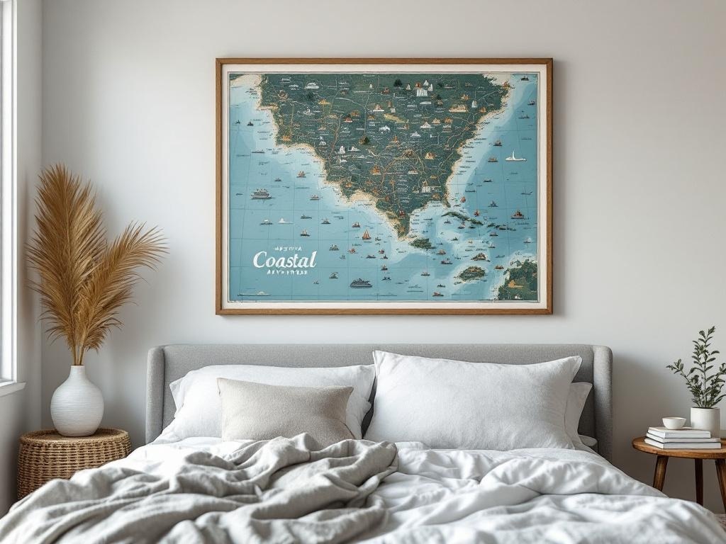 Framed coastal map hanging above a bed in a cozy bedroom