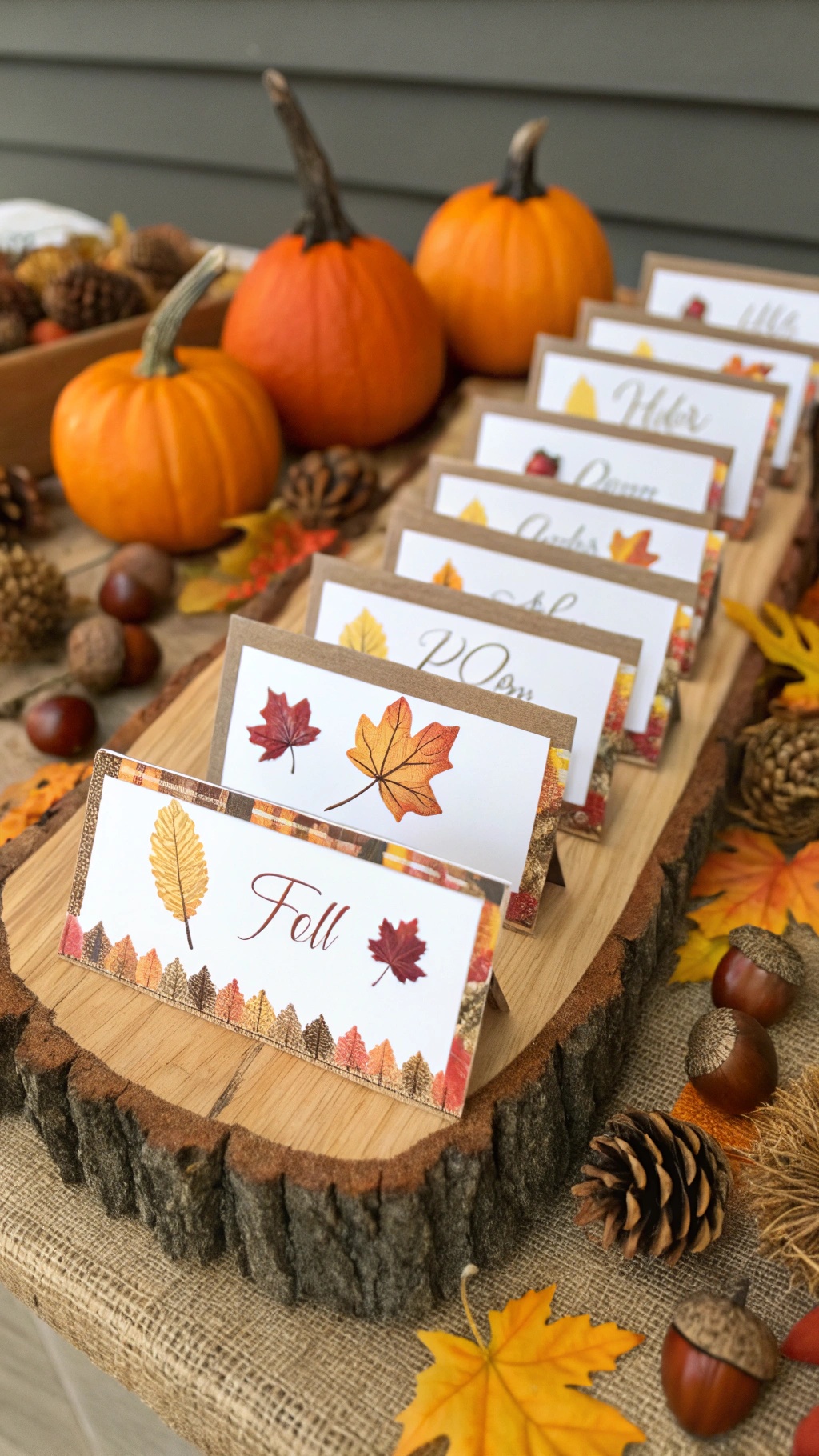 Fall themed escort cards with leaves and pumpkins on a wooden display.