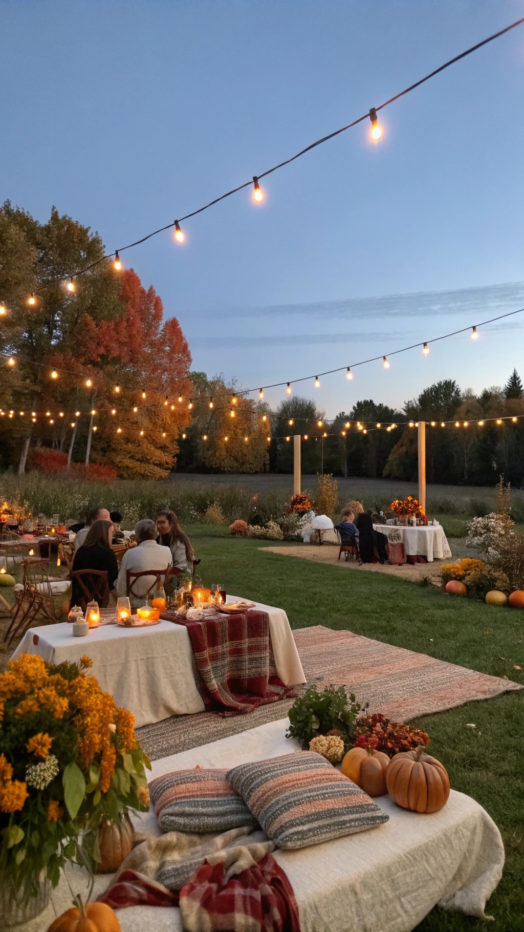 Cozy outdoor wedding reception with string lights, autumn decorations, and guests enjoying the evening.