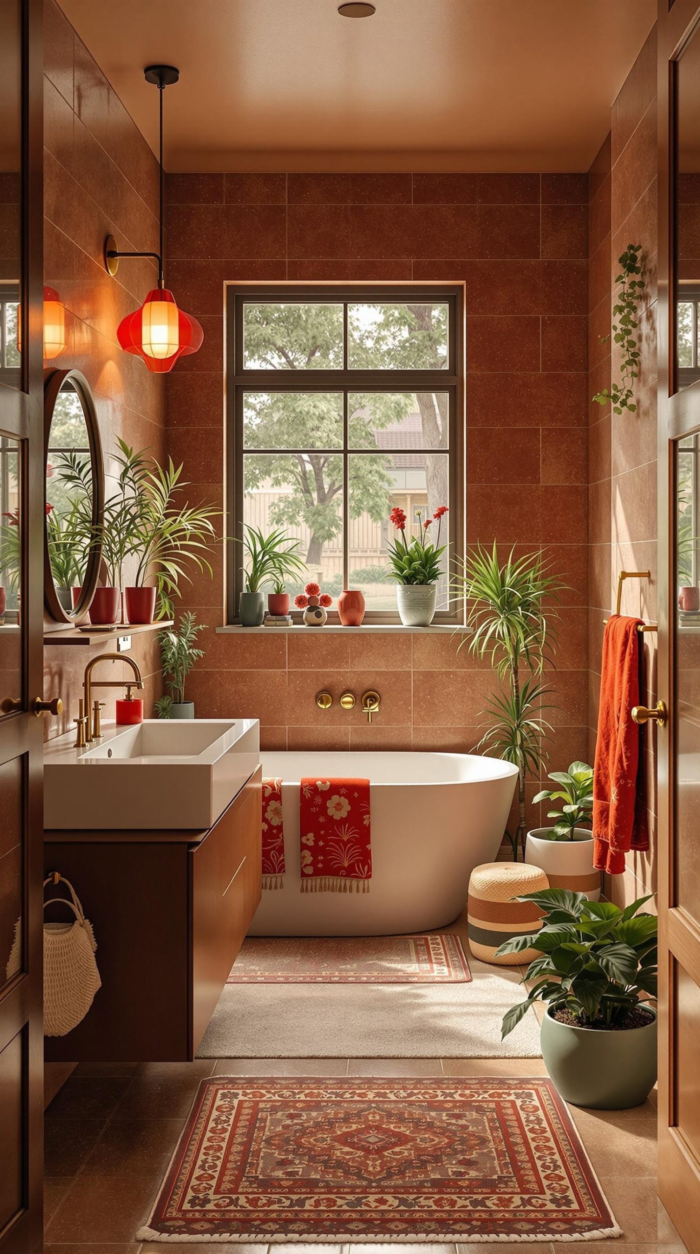 A cozy bathroom featuring earthy tones with red and green accents, plants, and natural light.
