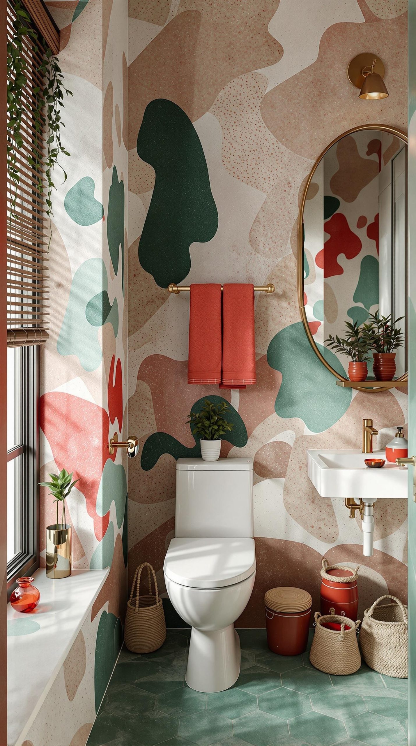 A stylish bathroom featuring red and green walls, a white toilet, a round mirror, and decorative plants.