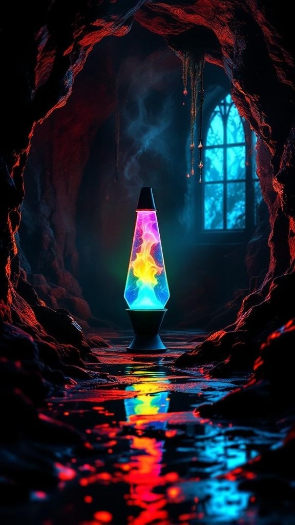 A neon lava lamp glowing in a dark cave-like setting, with colorful reflections on the wet ground.