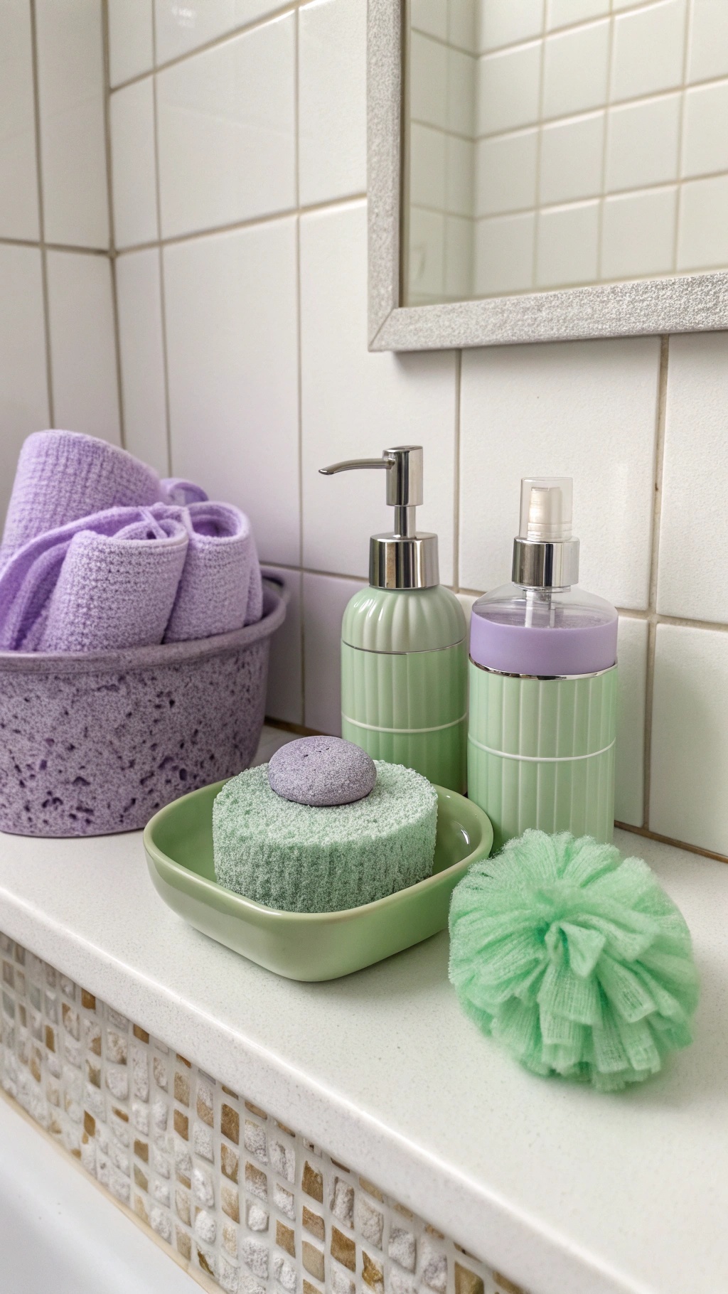 Lavender and green bathroom accessories including towels, soap dispensers, and sponges.