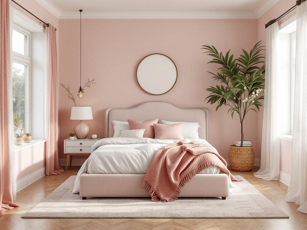 A beautifully decorated master bedroom in light pink tones, featuring a cozy bed, soft pillows, and a potted plant.