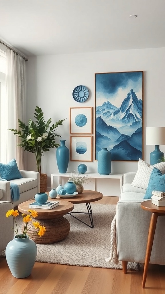 A cozy blue boho living room featuring artisan decor pieces, including blue vases, wall art, and a wooden coffee table.