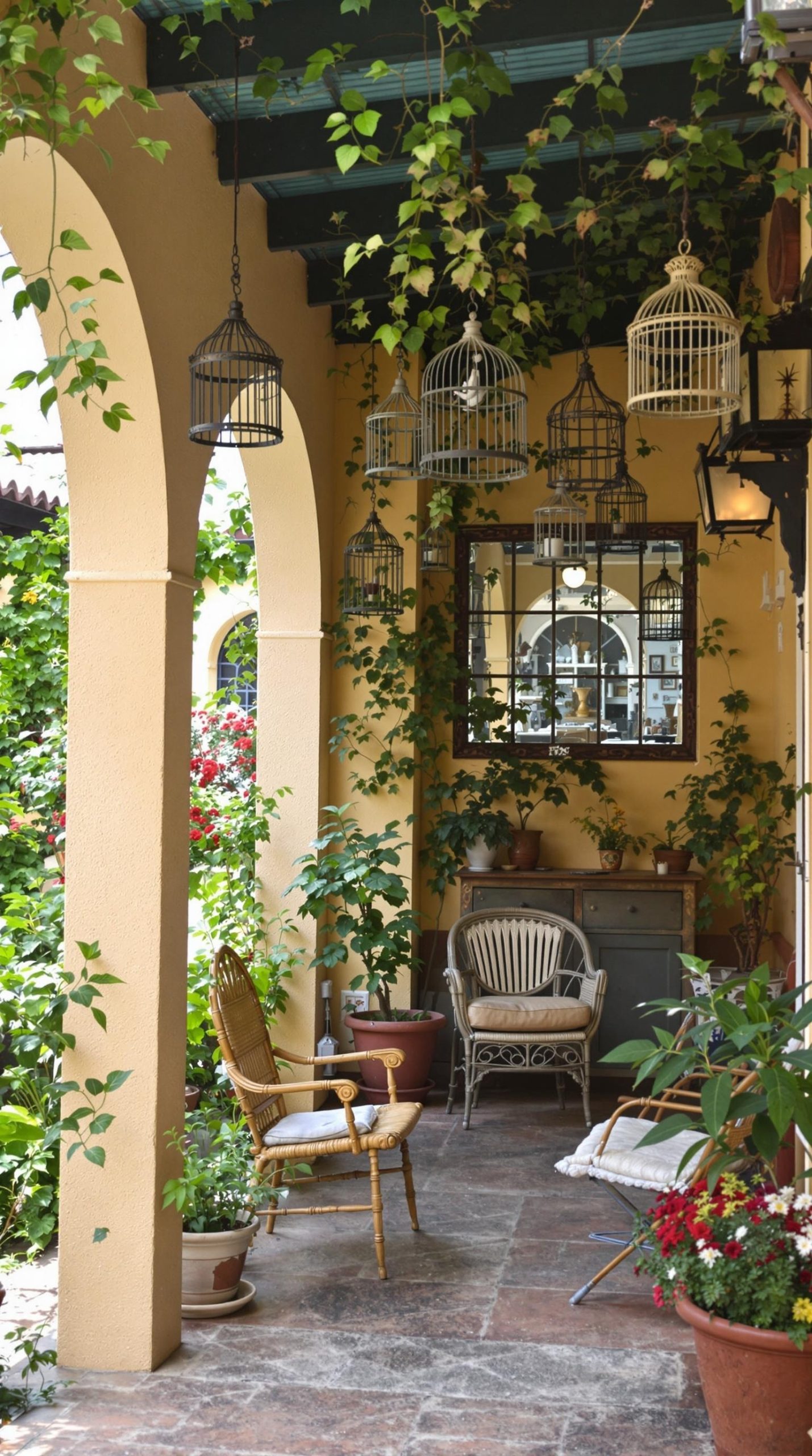 A cozy patio with vintage birdcages hanging from the ceiling, surrounded by greenery and comfortable seating.
