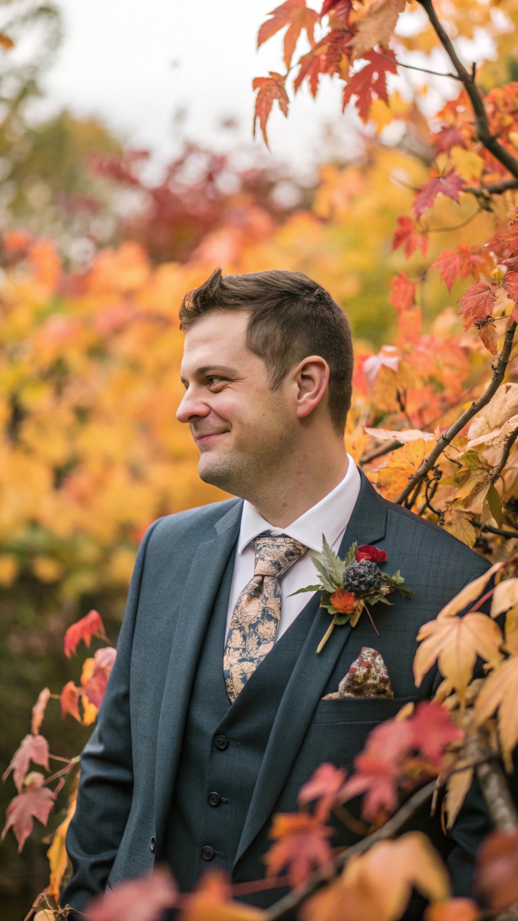 Groom in a deep green suit with floral tie and boutonniere, surrounded by autumn leaves.