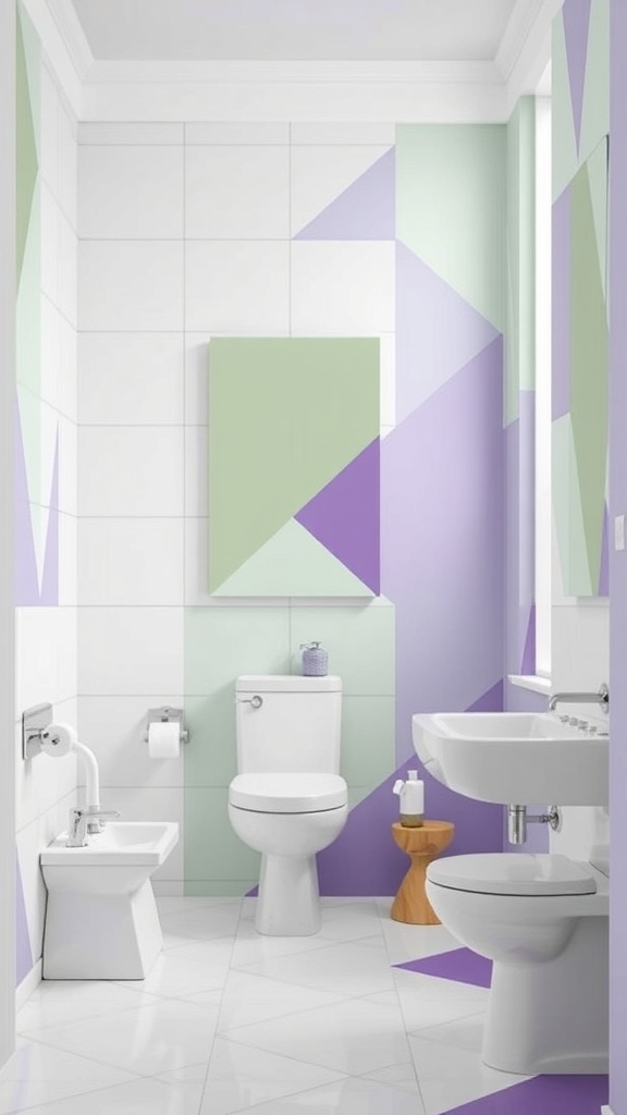 A modern bathroom featuring green and purple geometric patterns on the walls.