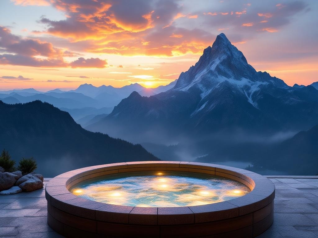 Jacuzzi spa overlooking mountains at sunset