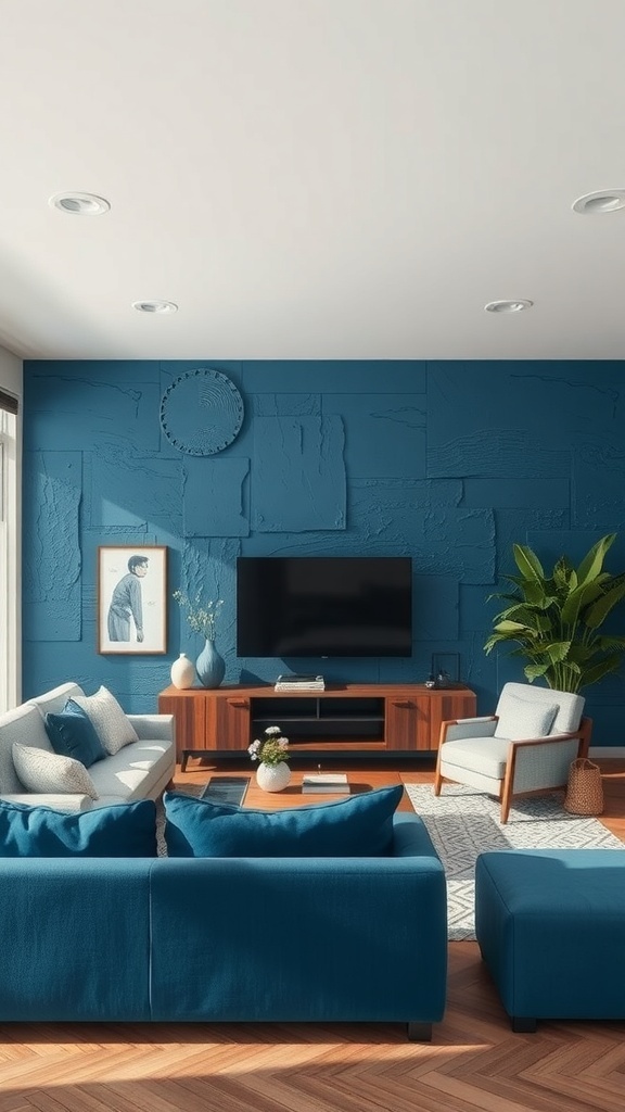 A cozy living room featuring a textured blue wall, stylish furniture, and natural light.