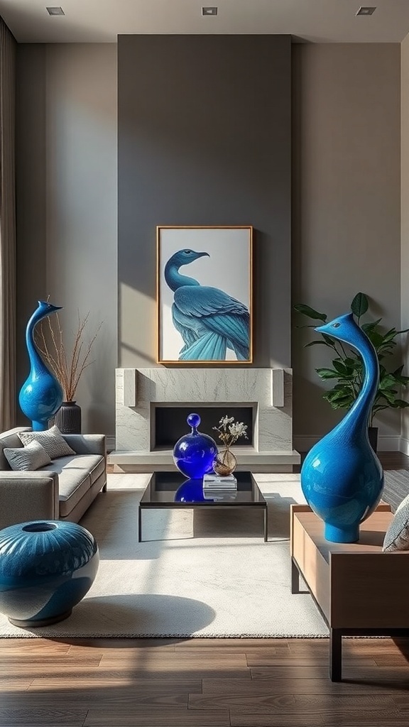 A cozy living room featuring tall blue sculptures, a peacock artwork, and natural elements.