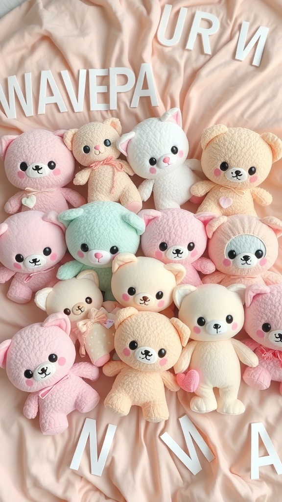 A collection of cute pastel plushies arranged on a soft bedding with letters.