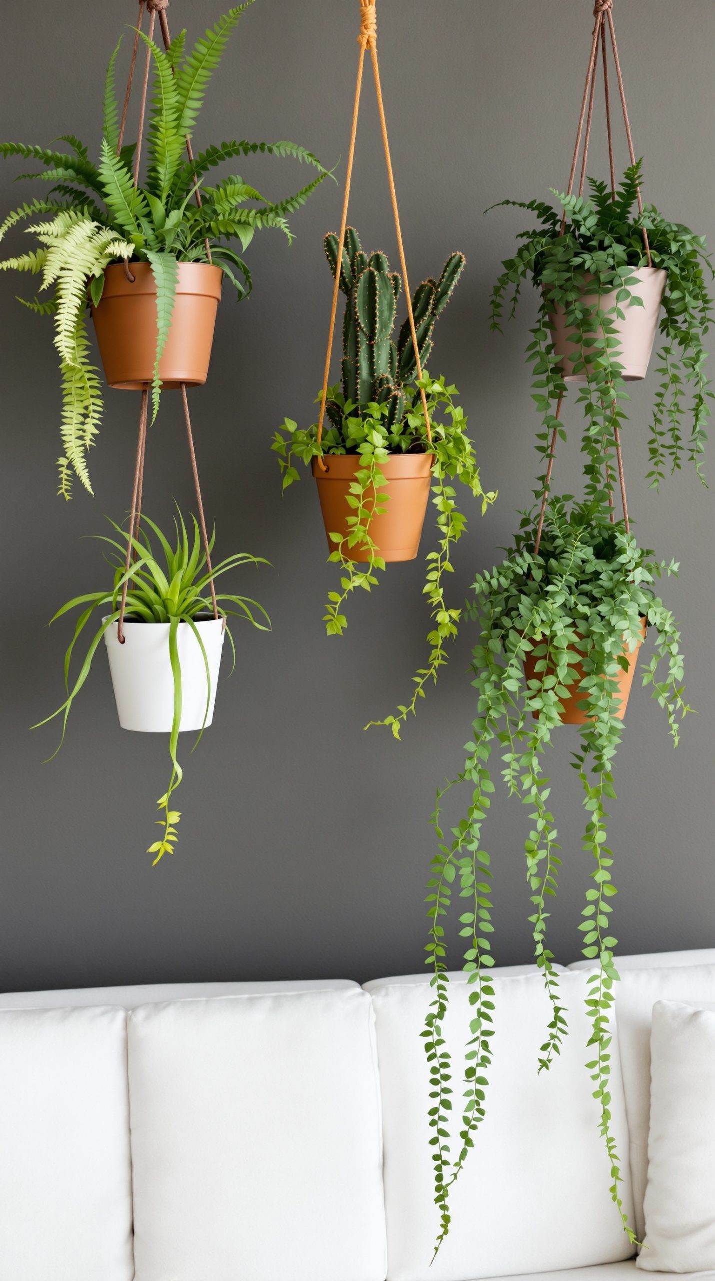 Hanging planters with ferns and cacti against a gray wall