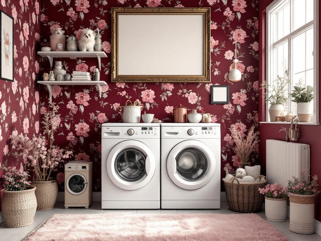 A stylish laundry room with burgundy floral wallpaper, featuring white washing machines, pet accessories, and decorative elements.