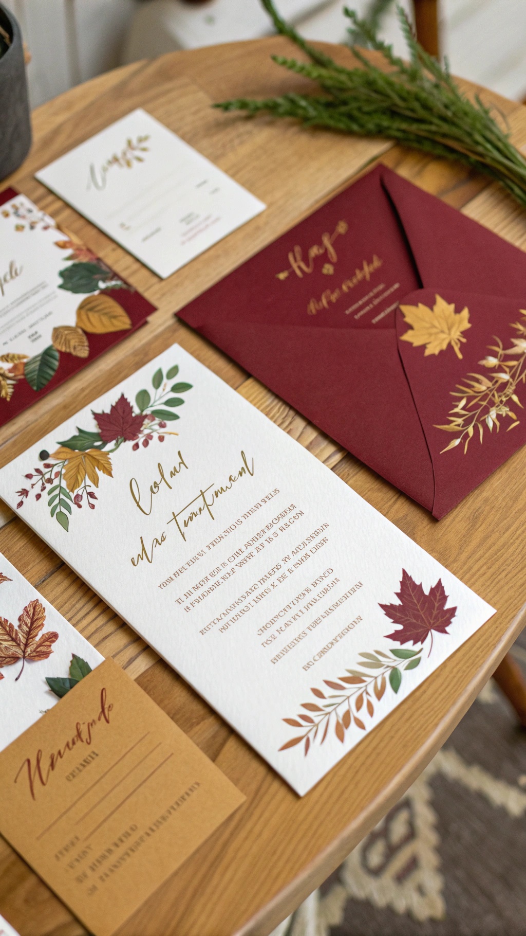Stylish fall wedding invitations featuring warm colors and leaf designs.