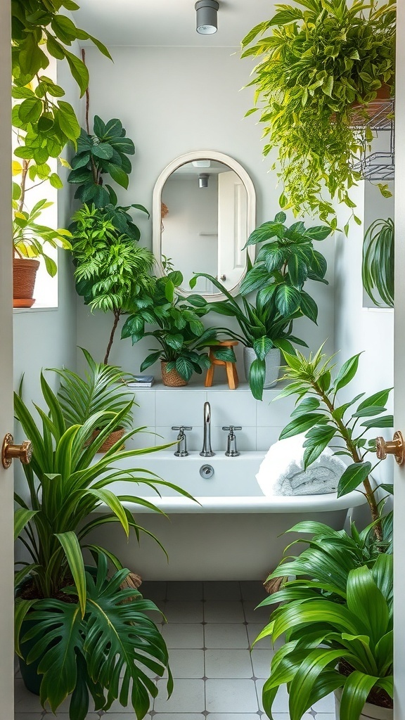 A bathroom filled with various green plants, featuring a bathtub and a mirror.