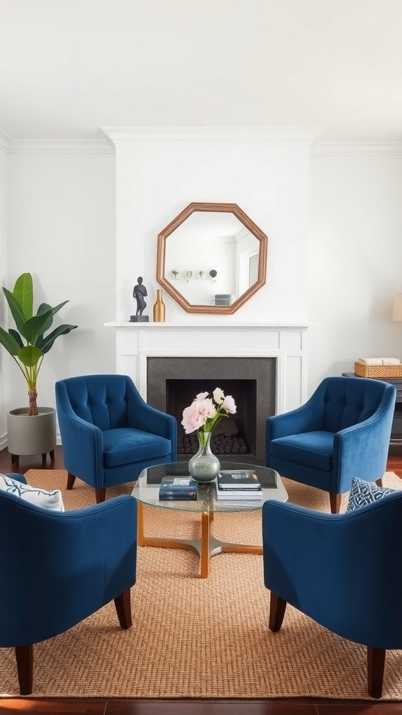 A cozy living room with four blue accent chairs arranged around a glass coffee table, featuring a plant and decorative items.