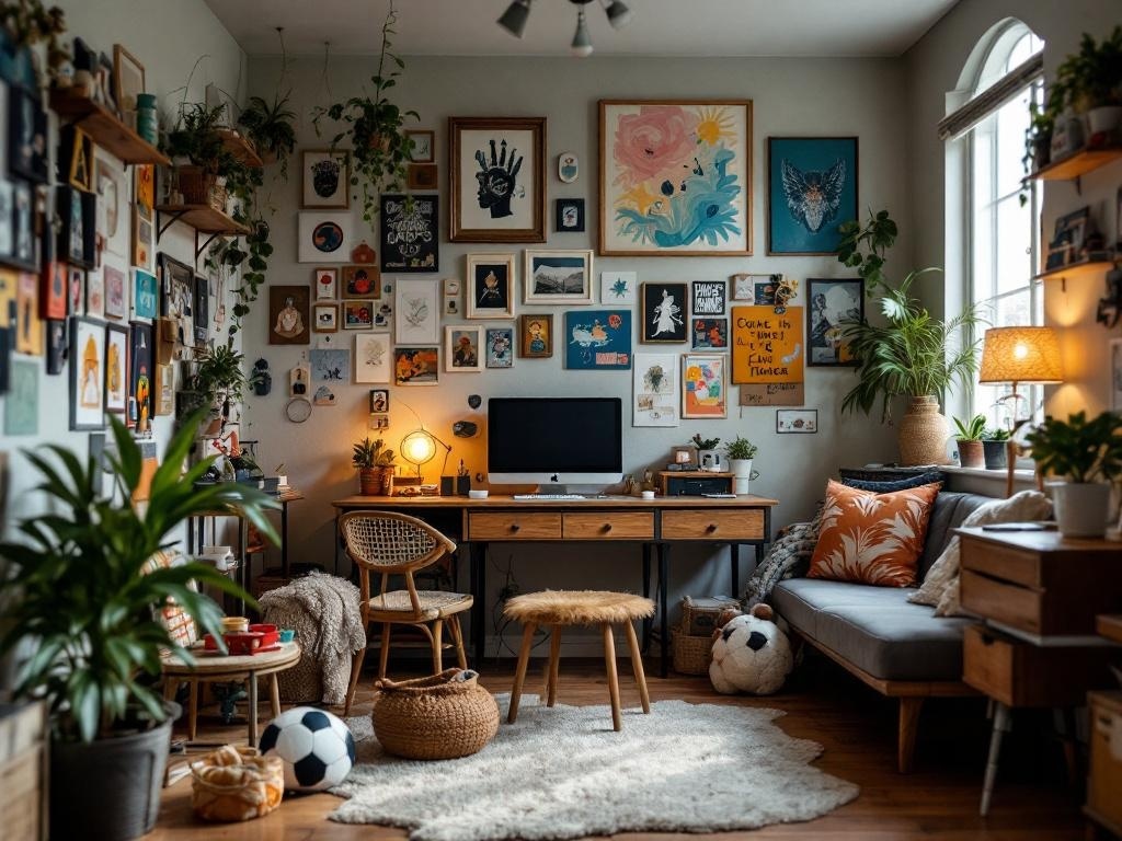 A colorful and eclectic room filled with framed art, plants, and cozy textiles.