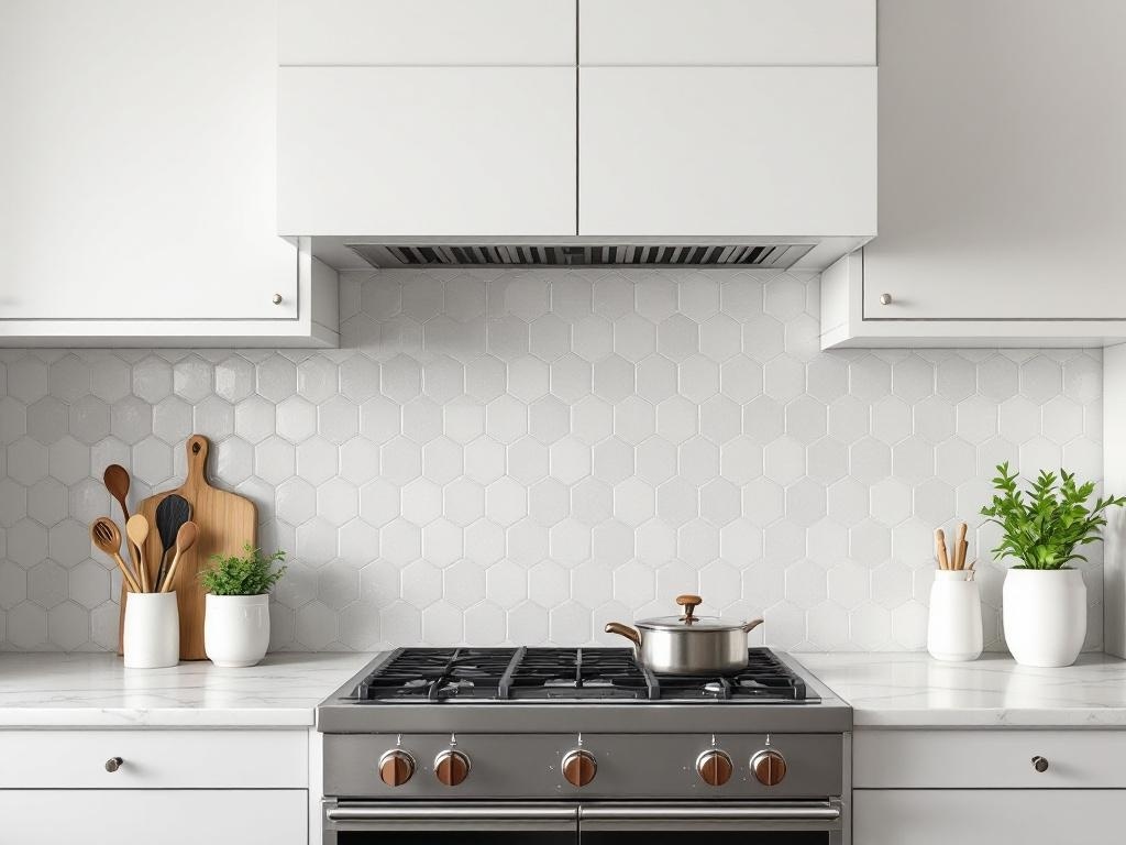 A modern kitchen featuring a hexagonal tile backsplash in gray, white cabinetry, and a marble countertop.