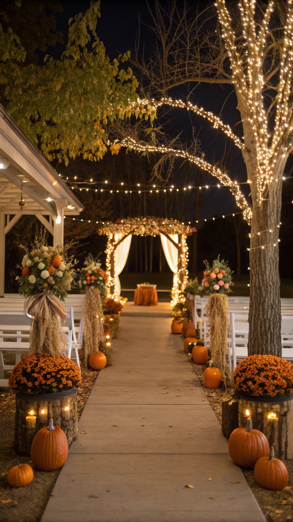 A beautifully decorated fall wedding aisle with pumpkins, flowers, and fairy lights.