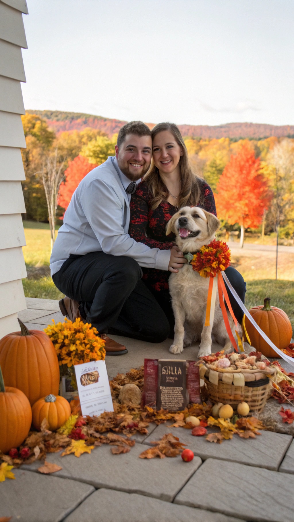 A couple poses with their dog at a fall wedding, surrounded by pumpkins and autumn leaves.