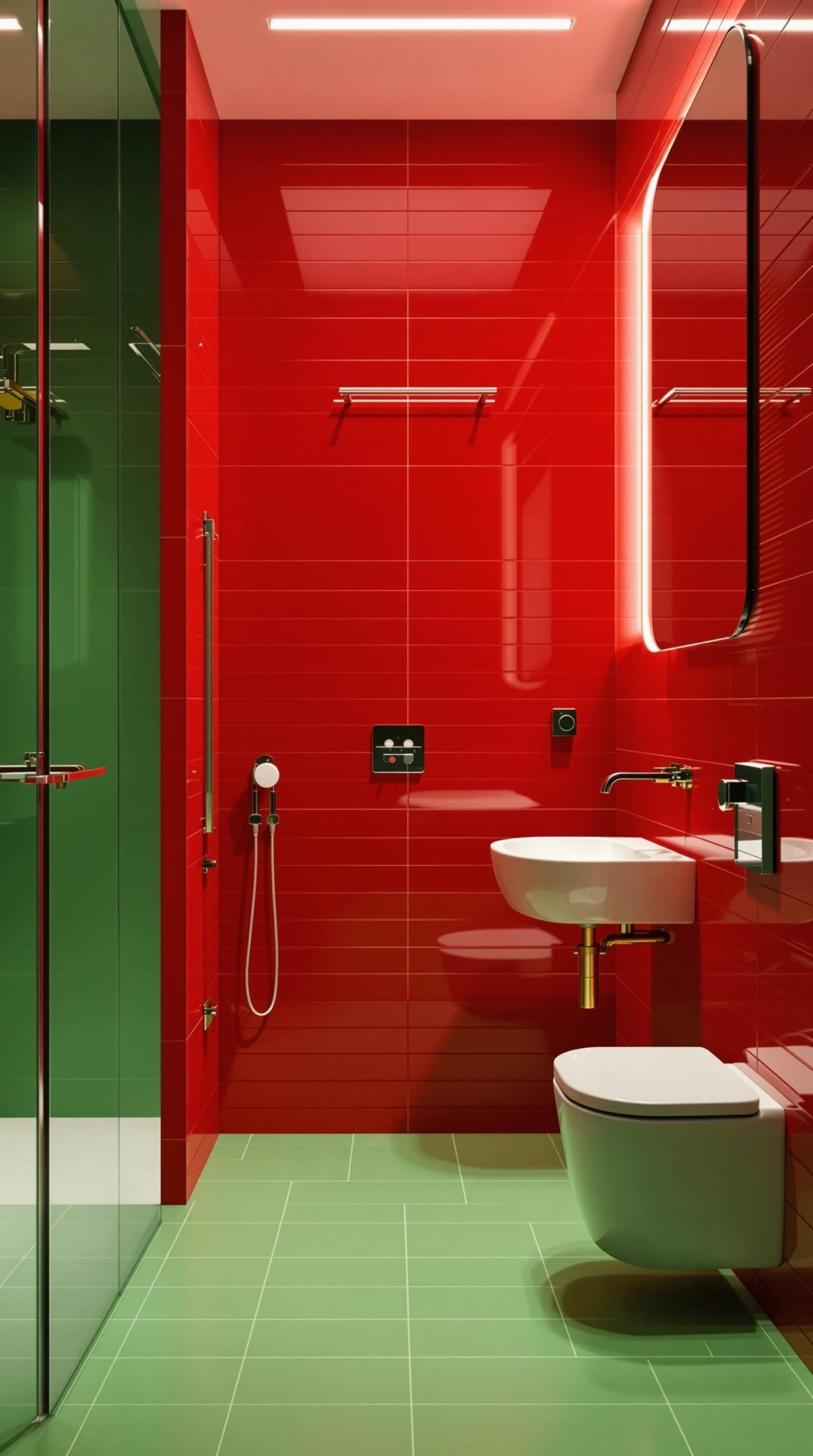A modern bathroom featuring red and green tiles with sleek fixtures.