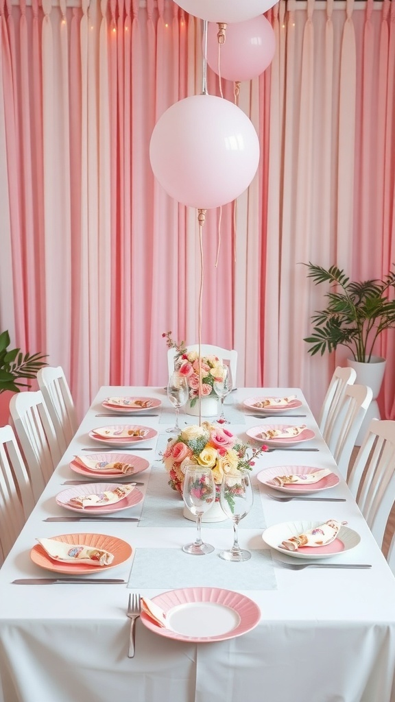 A pastel-themed table setting with pink balloons, floral arrangements, and colorful plates.
