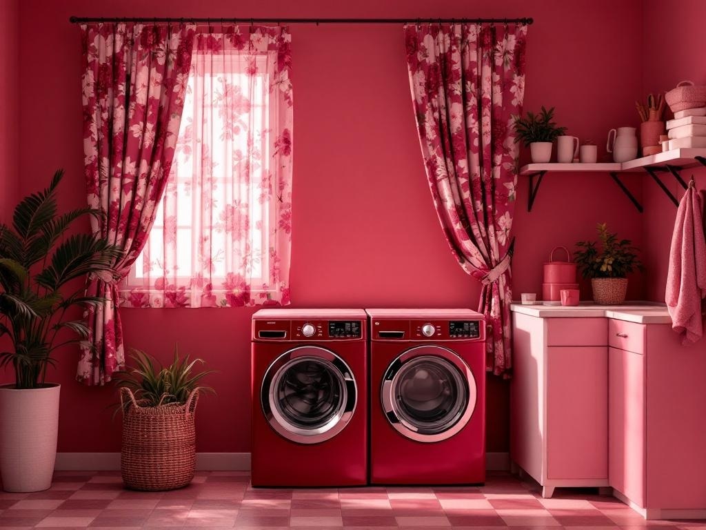 Laundry room with floral-printed curtains and red appliances