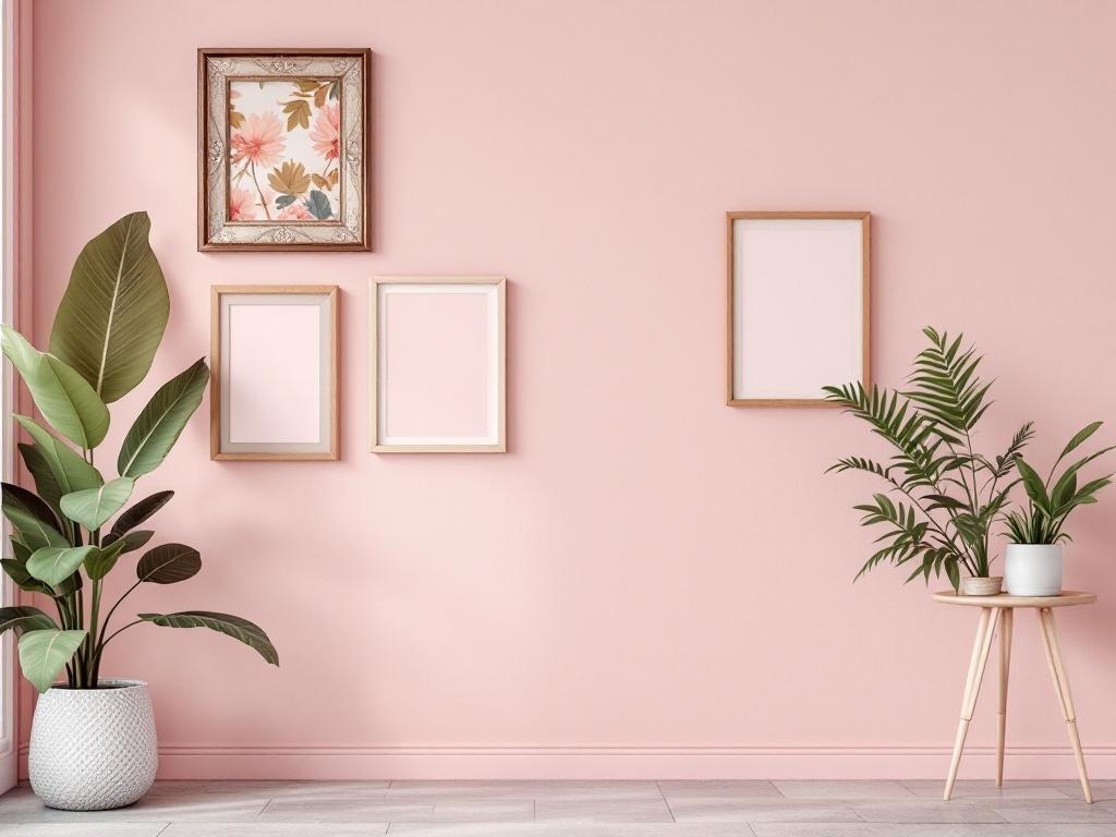 Chic accent wall in light pink with framed artwork and plants